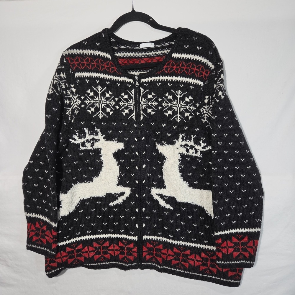 J Jill Fair Isle Full Zip Cardigan Sweater Large Wool Blend Reindeer Christmas